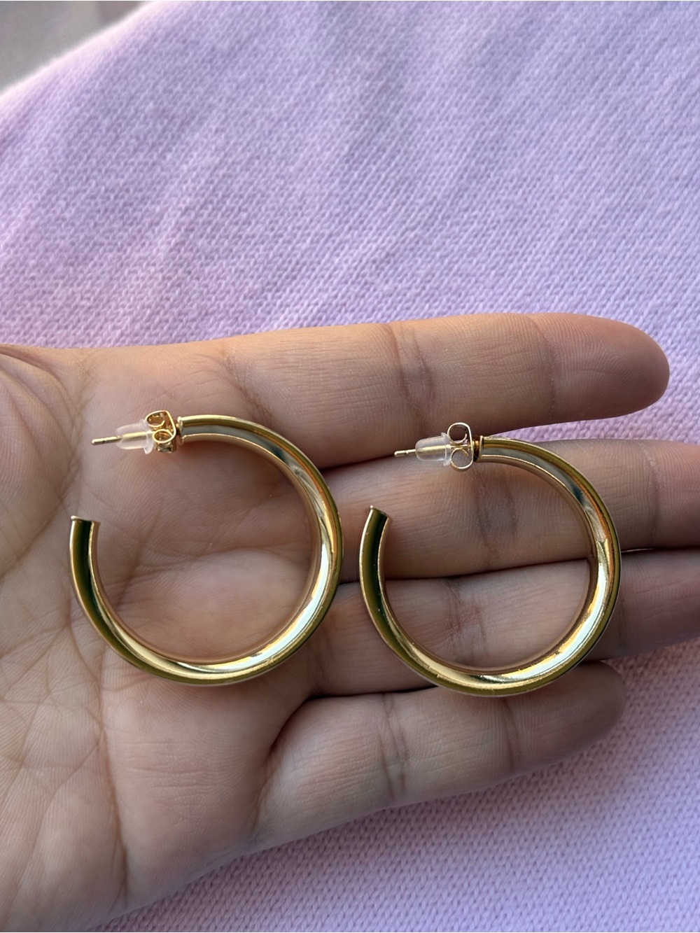Polished Gold Tone Hoop Earrings — Sleek Everyday Hoops - Picture 4 of 5